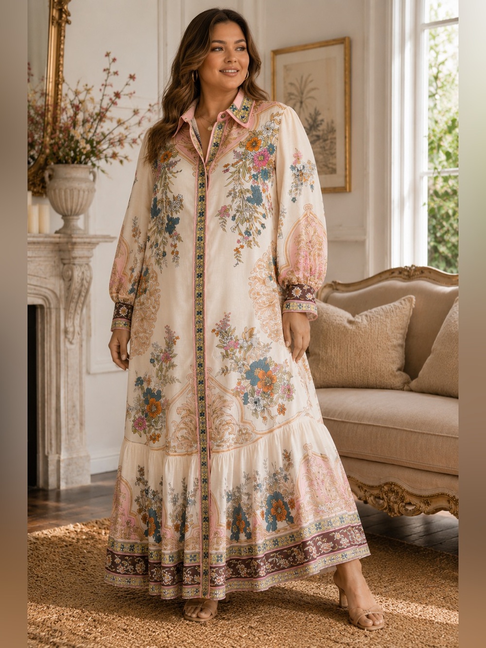 N by Nancy Yang A95036 Ivory Pink Floral Button Down Maxi Shirt Dress S NWT